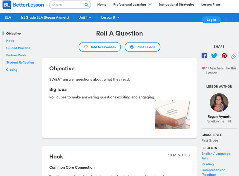 Better Lesson: Roll a Question Lesson Plan Better Lesson: Roll a Question Lesson Plan