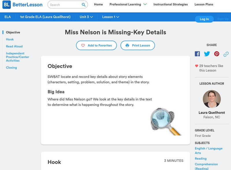 Better Lesson: Miss Nelson Is Missing Key Details Lesson Plan Better Lesson: Miss Nelson Is Missing Key Details Lesson Plan