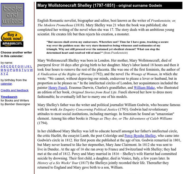 Author's Calendar: Mary Wollstonecraft Shelley Website Author's Calendar: Mary Wollstonecraft Shelley Website