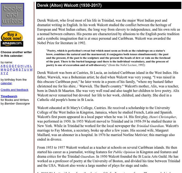 Author's Calendar: Derek (Alton) Walcott Website Author's Calendar: Derek (Alton) Walcott Website