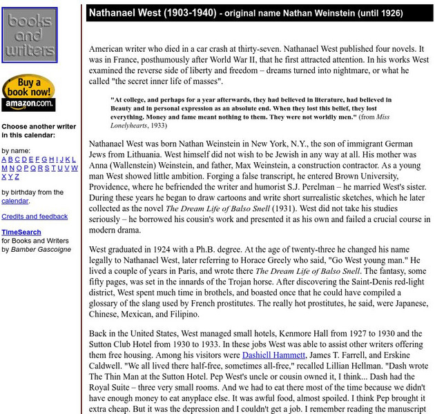 Author's Calendar: Nathanael West Website Author's Calendar: Nathanael West Website