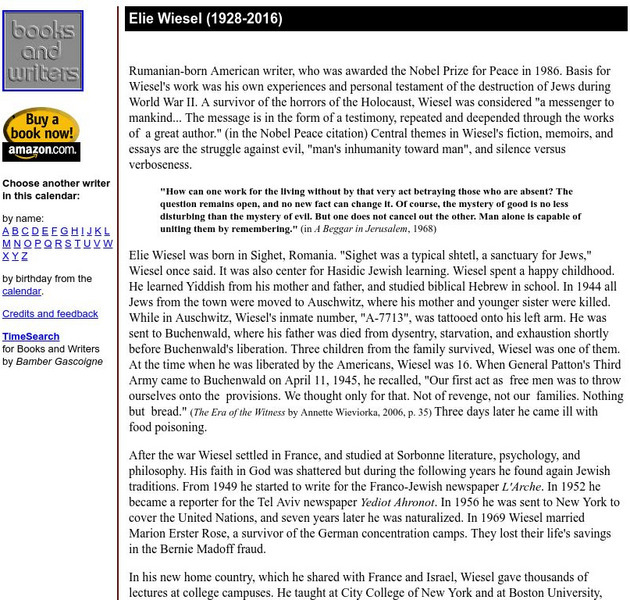 Author's Calendar: Elie Wiesel Website Author's Calendar: Elie Wiesel Website