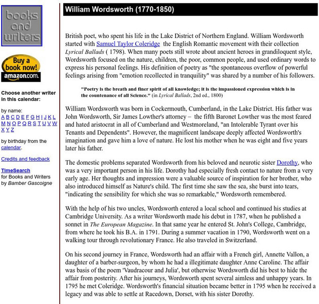 Author's Calendar: William Wordsworth Website Author's Calendar: William Wordsworth Website