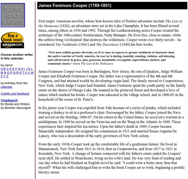 Author's Calendar: James Fenimore Cooper Website Author's Calendar: James Fenimore Cooper Website