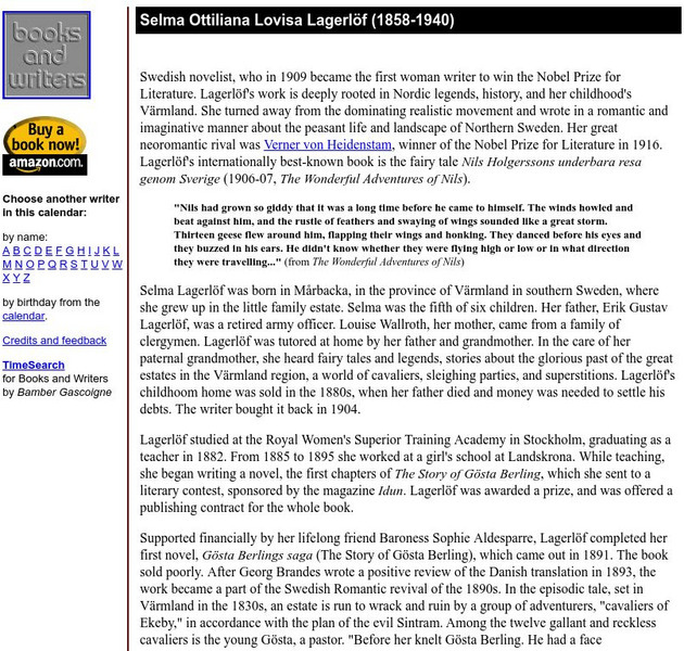 Author's Calendar: Selma Ottiliana Lovisa Lagerlof Website
