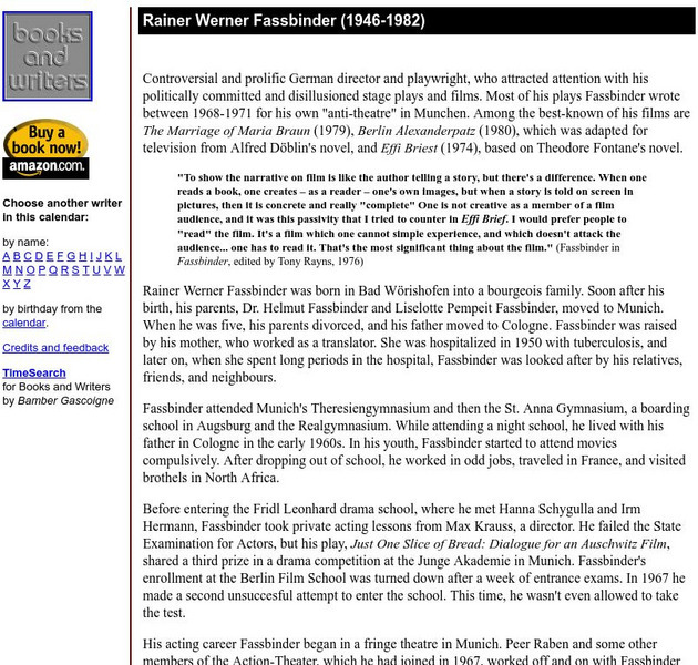 Author's Calendar: Rainer Werner Fassbinder Website