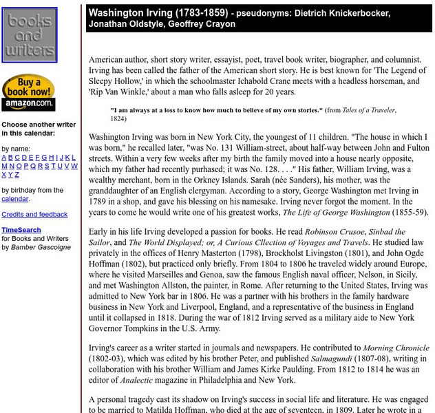 Author's Calendar: Washington Irving Handout Author's Calendar: Washington Irving Handout
