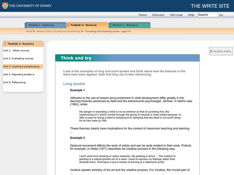 The Write Site: Quoting and Paraphrasing: Think and Try Handout The Write Site: Quoting and Paraphrasing: Think and Try Handout