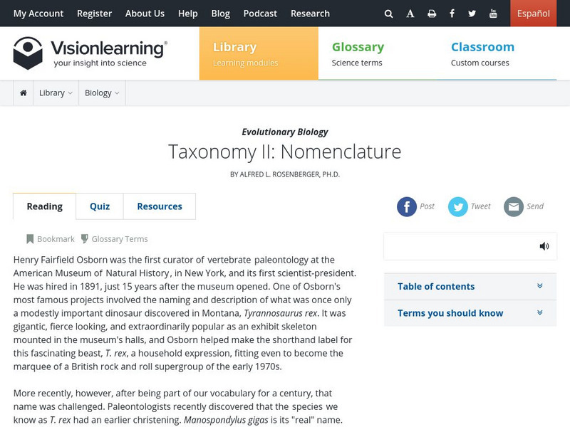 Visionlearning: Evolutionary Biology: Taxonomy: Nomenclature Unit Plan Visionlearning: Evolutionary Biology: Taxonomy: Nomenclature Unit Plan