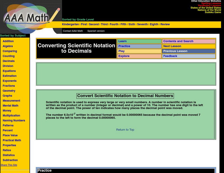 Aaa Math: Converting Scientfic Notation to Decimal Numbers Activity