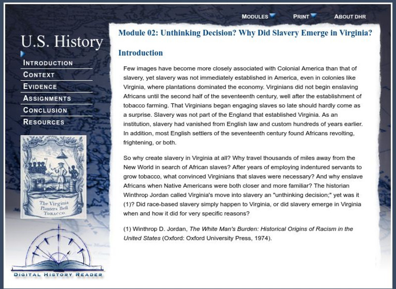 Digital History Reader: Unthinking Decision: Slavery in Virginia Unit Plan Digital History Reader: Unthinking Decision: Slavery in Virginia Unit Plan