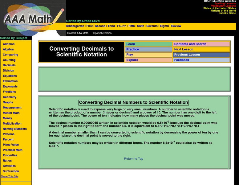Aaa Math: Converting Decimal Numbers to Scientific Notation Activity