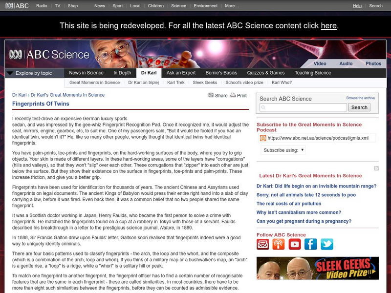 Australian Broadcasting Corporation: News in Science: Fingerprints of Twins Article Australian Broadcasting Corporation: News in Science: Fingerprints of Twins Article