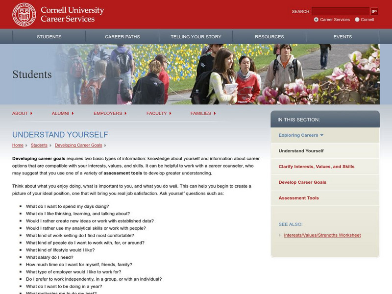 Cornell University: Developing Career Goals: Knowing Yourself Website Cornell University: Developing Career Goals: Knowing Yourself Website