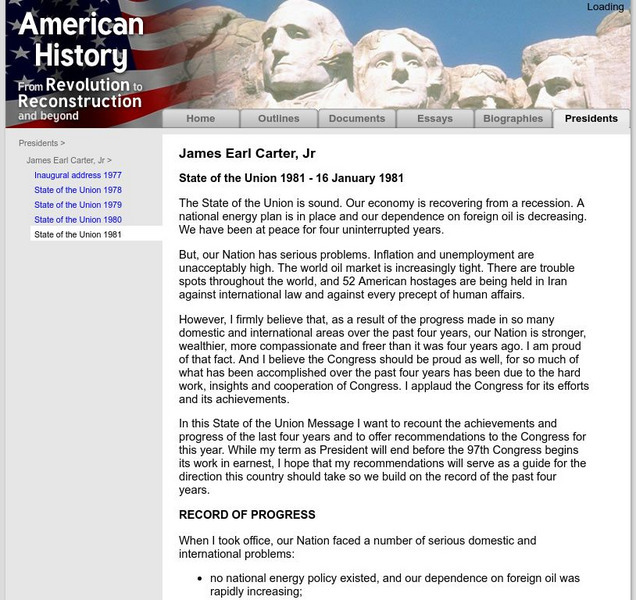 American History: Presidents: James Earl Carter: State of the Union 1981 Primary American History: Presidents: James Earl Carter: State of the Union 1981 Primary