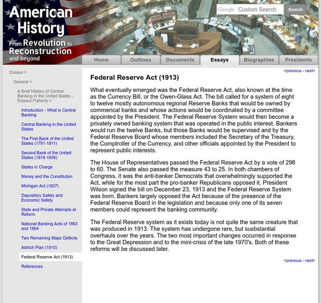 American History: Essays: The Federal Reserve Act (1913) Website American History: Essays: The Federal Reserve Act (1913) Website