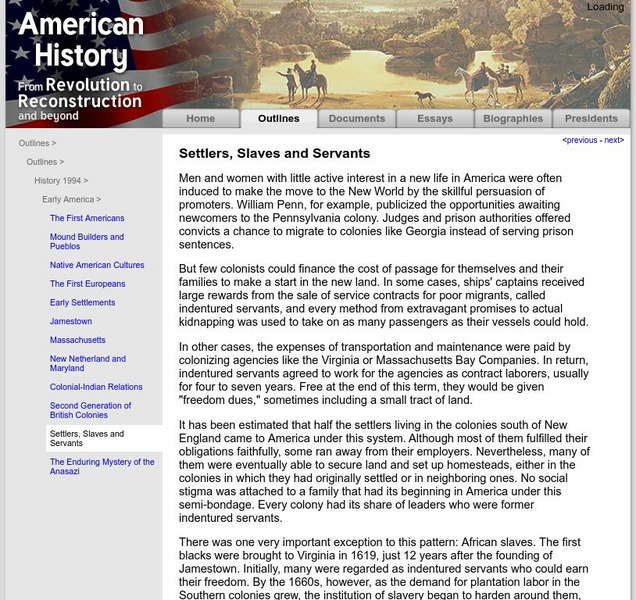 American History: Outlines: Settlers, Slaves and Servants Activity American History: Outlines: Settlers, Slaves and Servants Activity