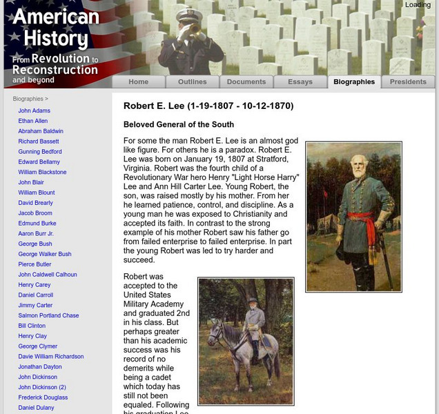 American History: Biographies: Robert E. Lee (1 19 1807 10 12 1870) Handout American History: Biographies: Robert E. Lee (1 19 1807 10 12 1870) Handout