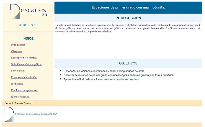 Ministerio De Educacion Y Ciencia: Ecuaciones De Primer Grado Con Una Incognita. Unit Plan Ministerio De Educacion Y Ciencia: Ecuaciones De Primer Grado Con Una Incognita. Unit Plan