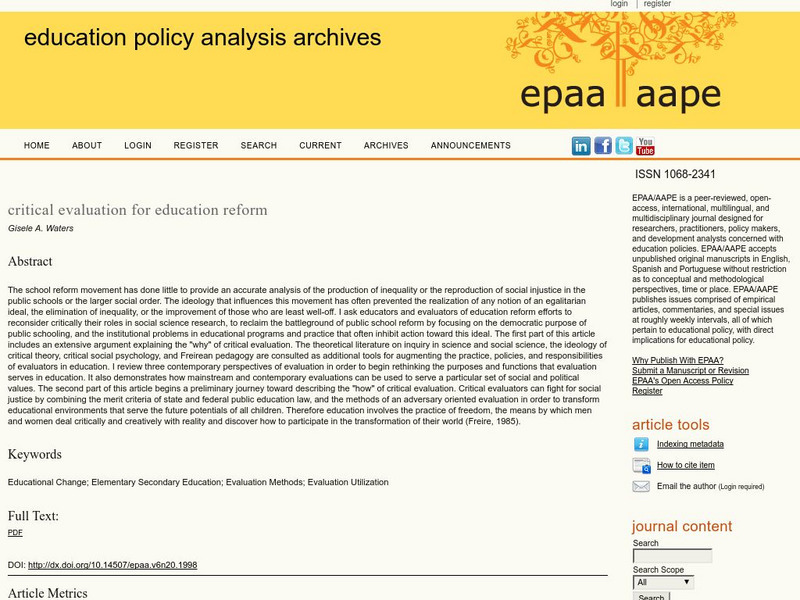Epaa: Critical Evaluation for Education Reform Handout Epaa: Critical Evaluation for Education Reform Handout