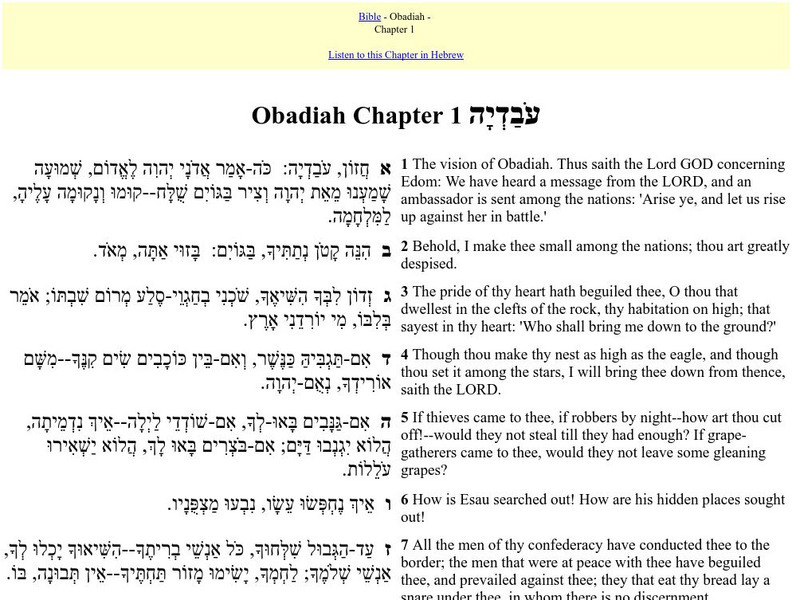 Hebrew English Bible: Obadiah Primary Hebrew English Bible: Obadiah Primary
