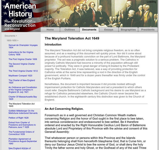 American History: Documents: The Maryland Toleration Act Primary