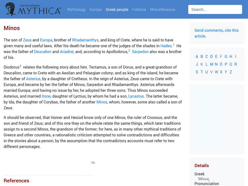 Encyclopedia Mythica: Minos Handout Encyclopedia Mythica: Minos Handout