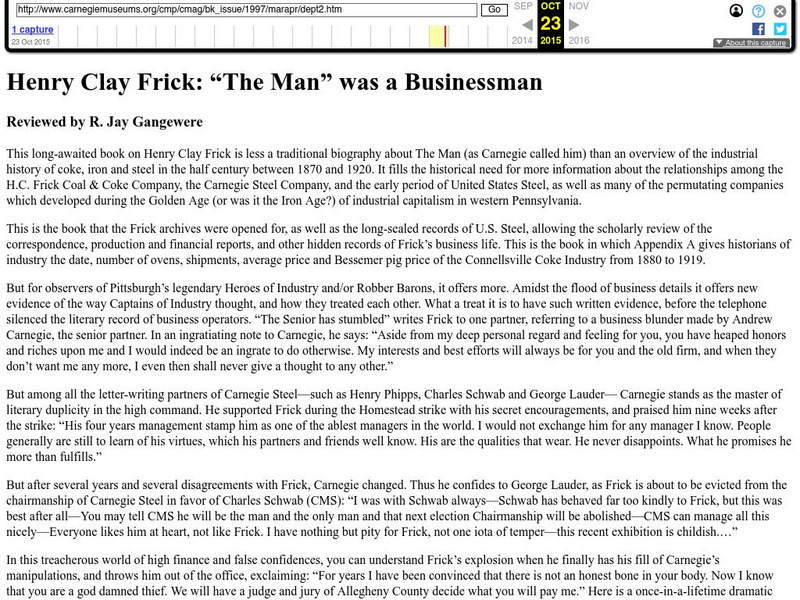 Carnegie Magazine: Henry Clay Frick: The Man Was a Businessman Handout