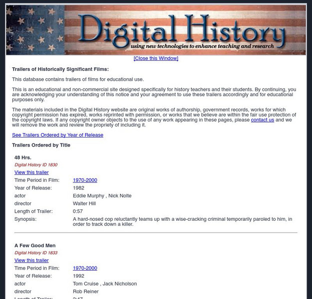 Digital History: Trailers of Historically Significant Films Website