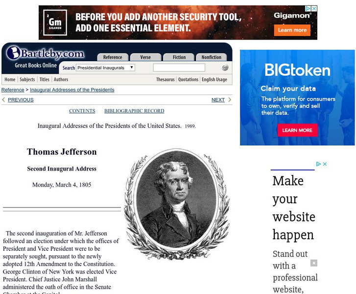 Bartleby.com: bartleby.com: Presidential Inaugural Address: Thos. Jefferson: 2nd Primary Bartleby.com: bartleby.com: Presidential Inaugural Address: Thos. Jefferson: 2nd Primary