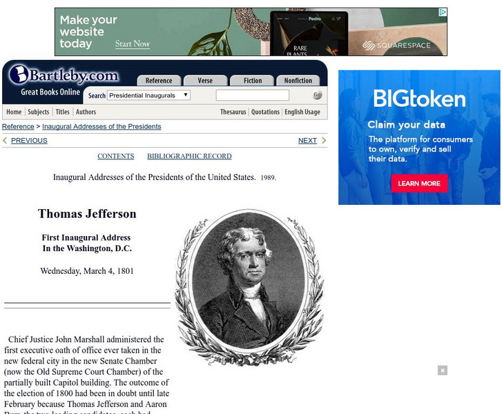 Bartleby.com: bartleby.com: Presidential Inaugural Address: Thos. Jefferson: 1st Primary Bartleby.com: bartleby.com: Presidential Inaugural Address: Thos. Jefferson: 1st Primary