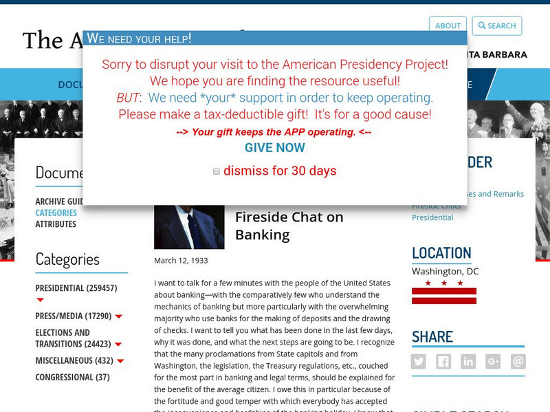 American Presidency Project: Franklin D. Roosevelt: Fireside Chat on Banking Primary American Presidency Project: Franklin D. Roosevelt: Fireside Chat on Banking Primary