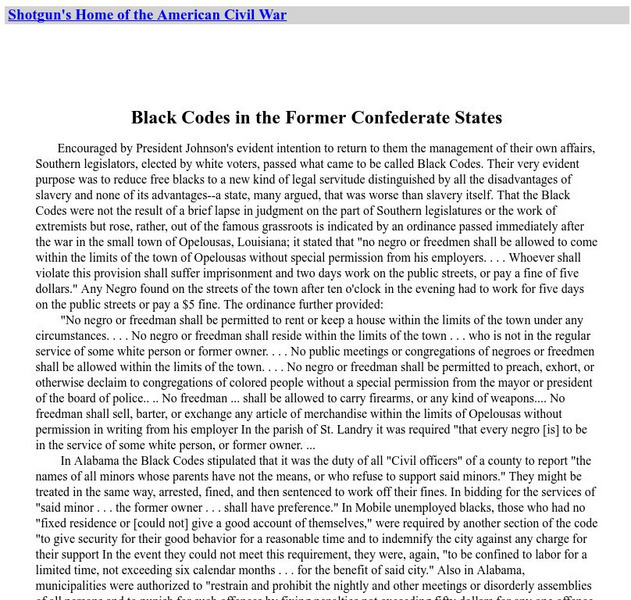 Home of the American Civil War: Black Codes in the Former Confederate States Handout Home of the American Civil War: Black Codes in the Former Confederate States Handout
