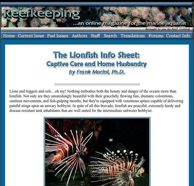 The Lionfish Info Sheet: Captive Care and Home Husbandry Article The Lionfish Info Sheet: Captive Care and Home Husbandry Article