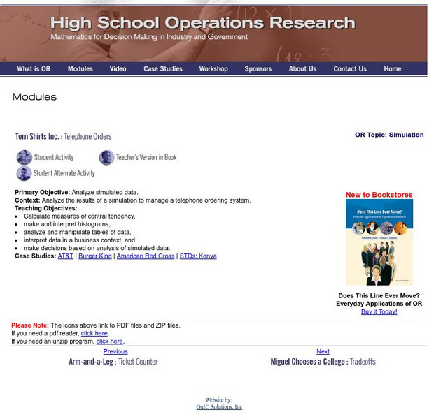High School Operations Research: Torn Shirts Inc.: Telephone Orders Unit Plan High School Operations Research: Torn Shirts Inc.: Telephone Orders Unit Plan