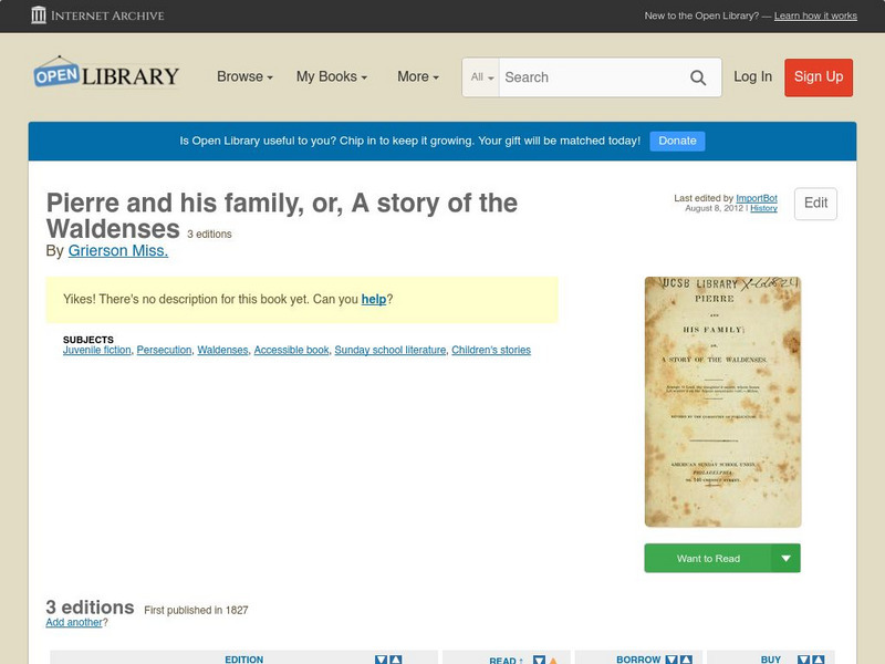 Open Library: Pierre and His Family, Or, a Story of the Waldenses eBook