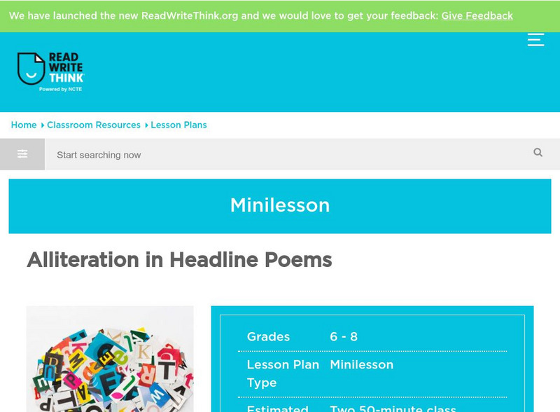 Read Write Think: Alliteration in Headline Poems Lesson Plan Read Write Think: Alliteration in Headline Poems Lesson Plan