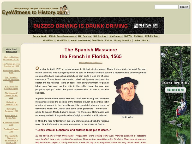 Eye Witness to History: The Spanish Massacre: The French in Florida, 1565 Primary Eye Witness to History: The Spanish Massacre: The French in Florida, 1565 Primary