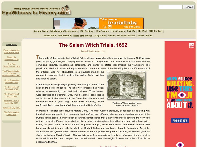 Eye Witness to History: The Salem Witch Trials, 1692 Activity Eye Witness to History: The Salem Witch Trials, 1692 Activity