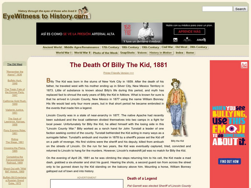 Eye Witness to History: The Death of Billy the Kid, 1881 Website