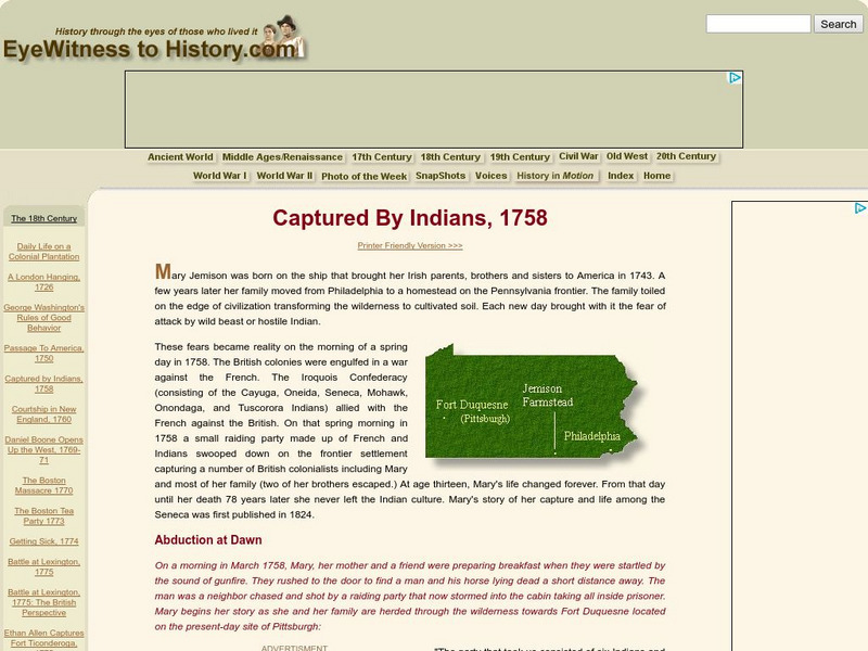 Eye Witness to History: Captured by Indians, 1755 Article Eye Witness to History: Captured by Indians, 1755 Article