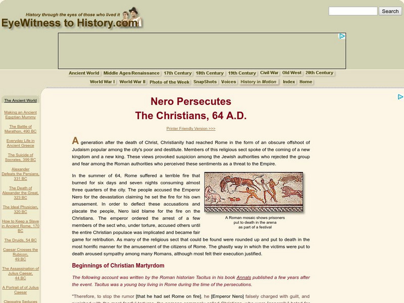 Eye Witness: Nero Persecutes the Christians, 64 a.d. Article Eye Witness: Nero Persecutes the Christians, 64 a.d. Article