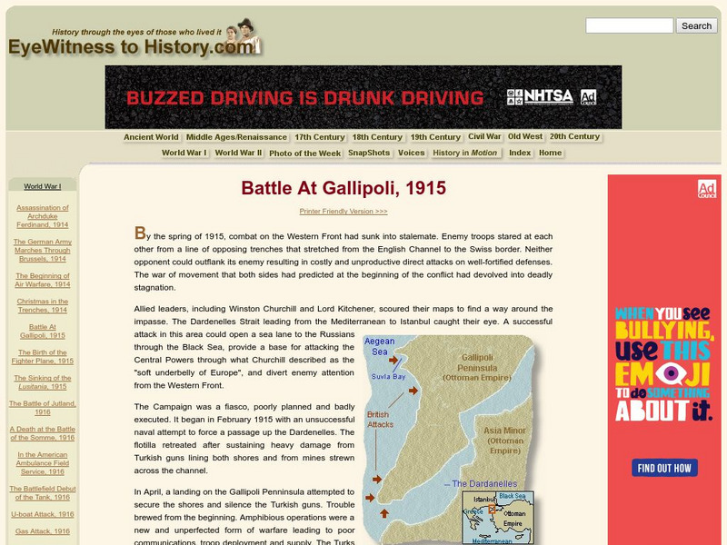 Eye Witness to History: Battle at Gallipoli, 1915 Primary Eye Witness to History: Battle at Gallipoli, 1915 Primary