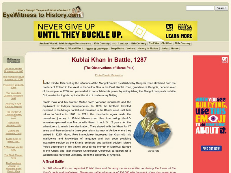 Eye Witness to History: Kublai Khan in Battle, 1287 Primary
