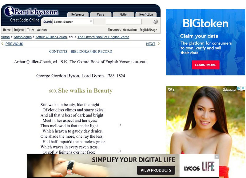 Bartleby.com: Oxford Book of English Verse: "She Walks in Beauty" Handout