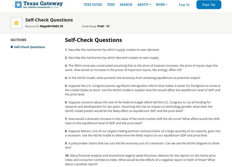 Texas Gateway: Ch. 10: Aggregate Demand/supply Model: Self Check Questions eBook Texas Gateway: Ch. 10: Aggregate Demand/supply Model: Self Check Questions eBook
