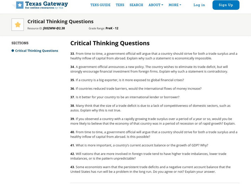 Texas Gateway: Ch. 9: Intl Trade and Capital Flows: Critical Thinking Questions eBook
