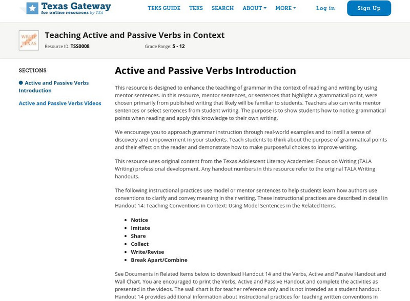 Texas Gateway: Teaching Active and Passive Verbs in Context Unit Plan Texas Gateway: Teaching Active and Passive Verbs in Context Unit Plan