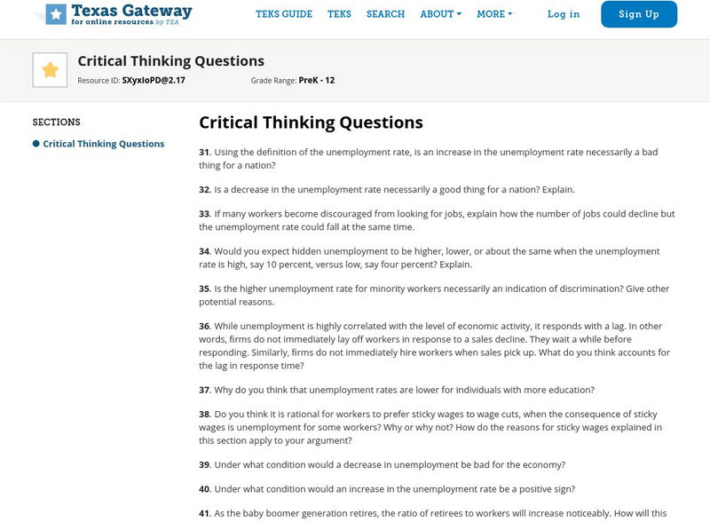 Texas Gateway: Macroeconomics: Ch. 7: Unemployment: Critical Thinking Questions eBook Texas Gateway: Macroeconomics: Ch. 7: Unemployment: Critical Thinking Questions eBook