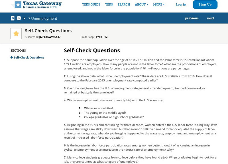 Texas Gateway: Macroeconomics: Chapter 7: Unemployment: Self Check Questions eBook Texas Gateway: Macroeconomics: Chapter 7: Unemployment: Self Check Questions eBook